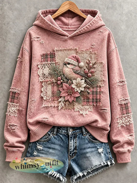 Hoodie met bloemen en vogelpatchwork voor dames - Roze / S