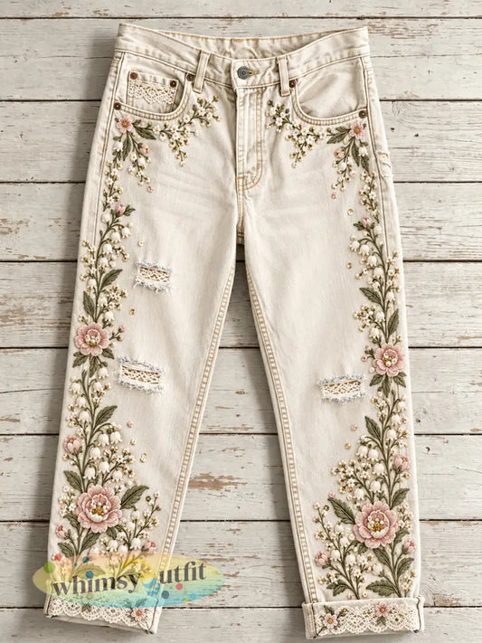 Jeans met bloemenprint voor dames - Abrikoos / S