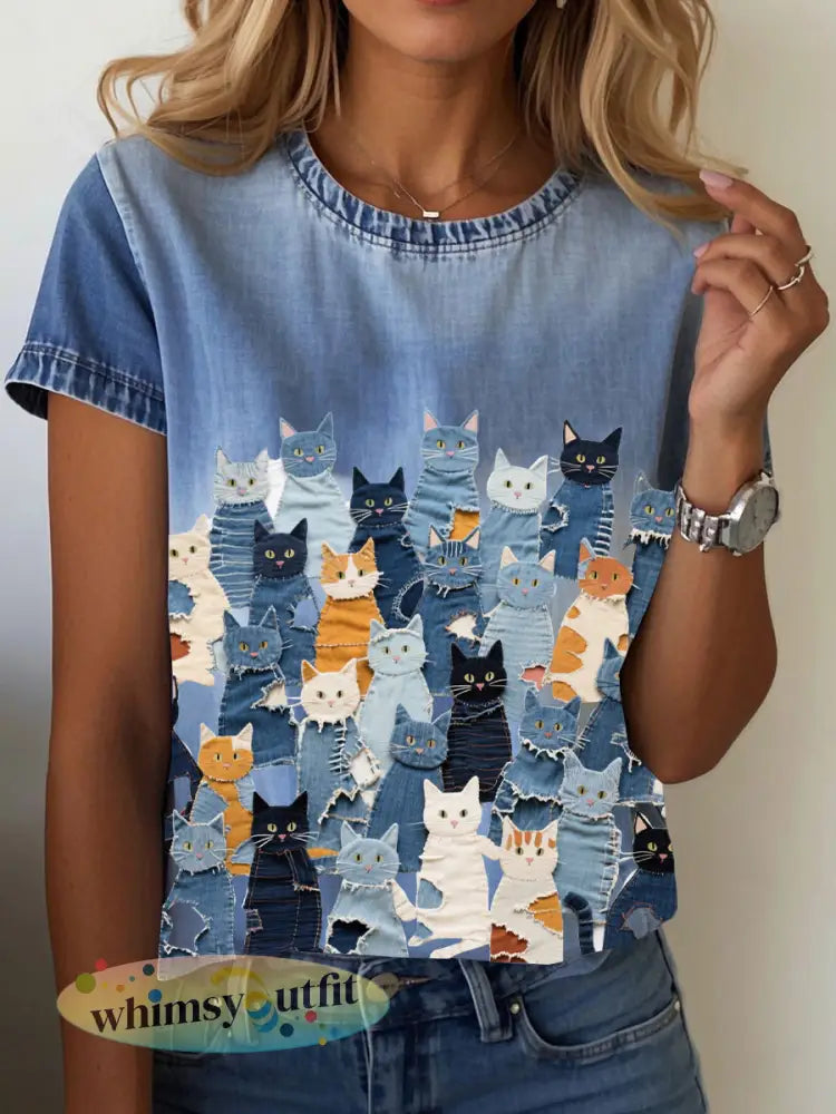 Kat T-shirt met denim print voor dames - Blauw / S