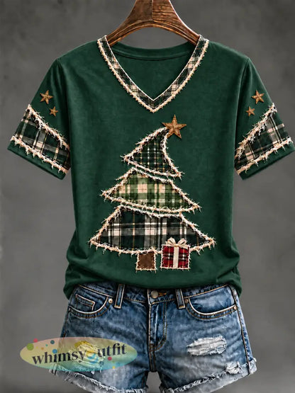 Kerstboomkunst T-shirt met korte mouwen voor dames - Donkergroen / S