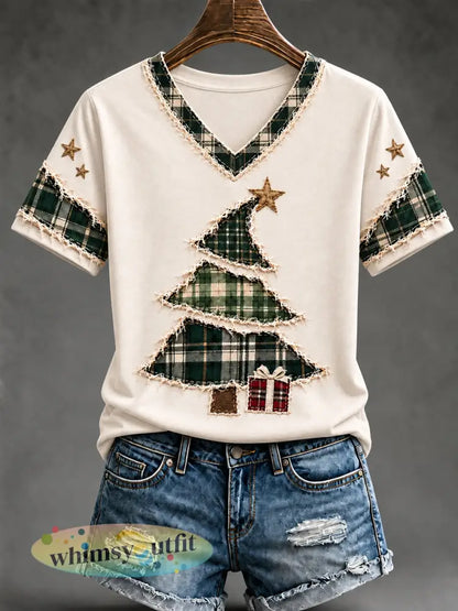 Kerstboomkunst T-shirt met korte mouwen voor dames - Romig-Wit / S