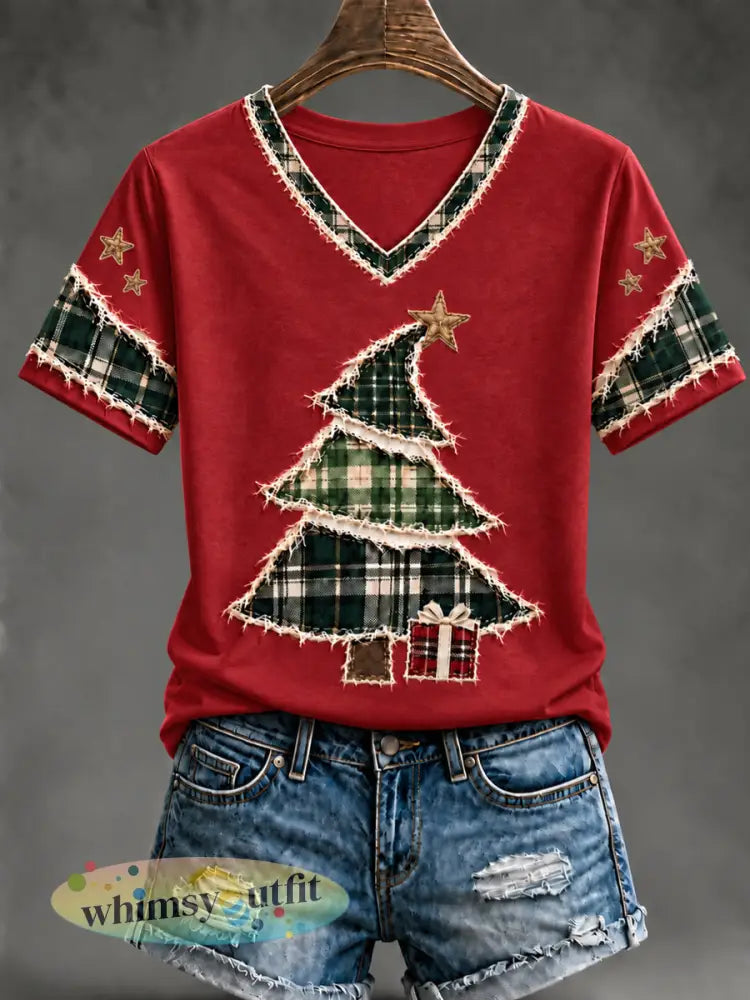 Kerstboomkunst T-shirt met korte mouwen voor dames - Rood / S