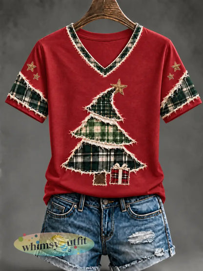 Kerstboomkunst T-shirt met korte mouwen voor dames - Rood / S