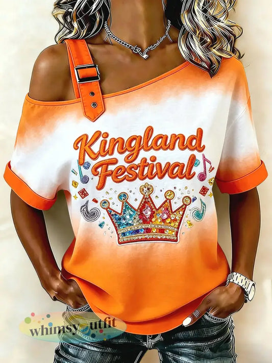 Kingland Festival Casual off-the-shoulder T-shirt voor dames - Sinaasappel / S