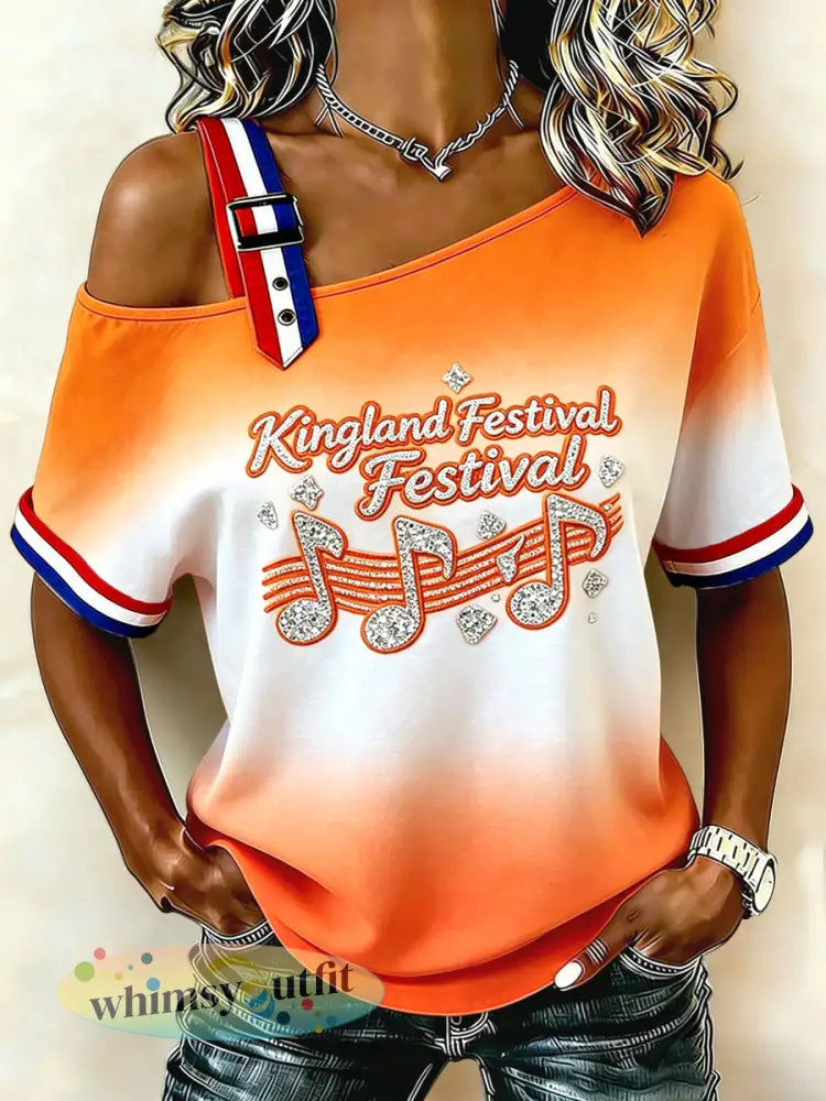 Kingland Festival voor dames casual off-shoulder T-shirt - Sinaasappel / S