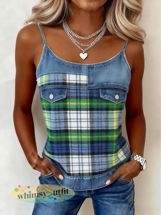 Klassiek geruite patroon denim patchwork tanktop voor dames - als foto / S