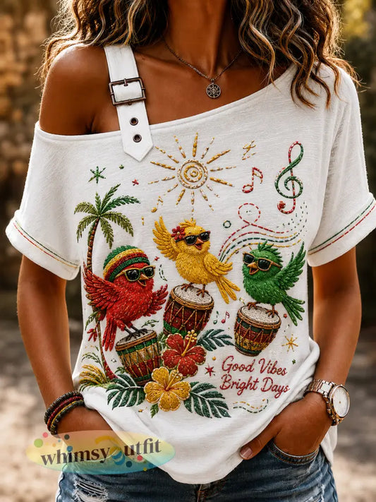 Klassiek off-the-shoulder T-shirt voor vrouwen die van reggaemuziek houden - als foto / S