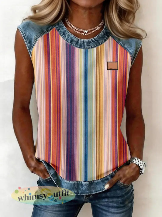 Kleurrijk gestreept patroon denim patchwork mouwloze top voor dames - als foto / S
