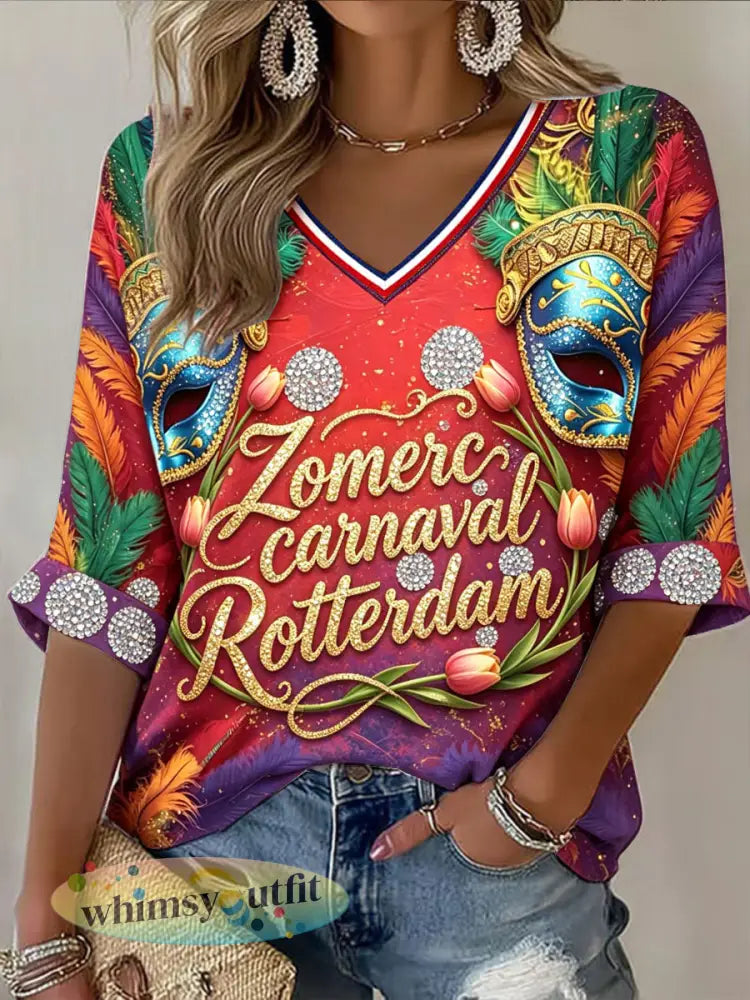 Kleurrijk Rotterdamse zomer carnavalprint casual T-shirt met V-hals voor dames - Rood / S