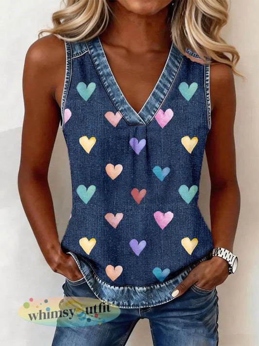 Kleurrijke hartpatroon denim patchwork V-hals top voor dames - als foto / S