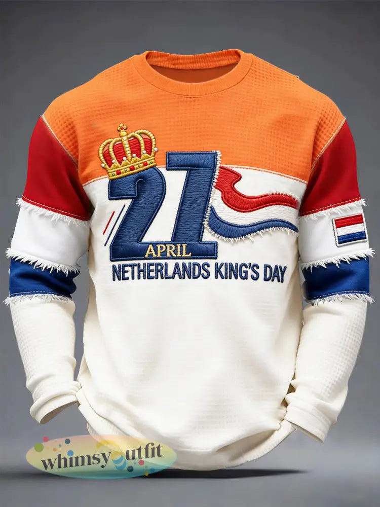 Koningsdag patchwork voor heren 3D-geprinte casual wafel-weave T-shirt met lange mouwen - Oranje wit / S