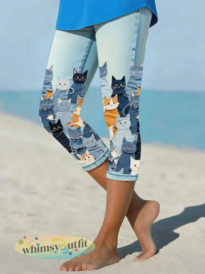 Korte legging voor denim katten voor dames - Hemelsblauw / S
