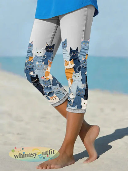 Korte legging voor denim katten voor dames - Lichtgrijs / S