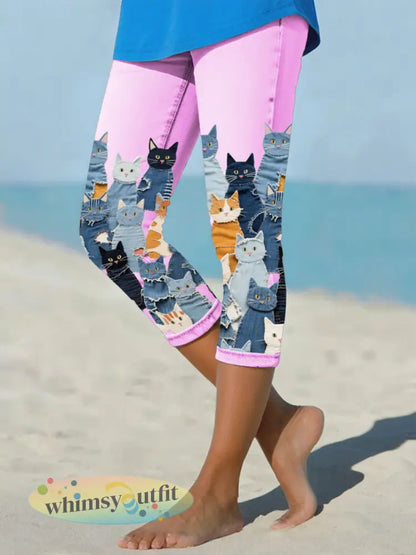 Korte legging voor denim katten voor dames - Roze / S