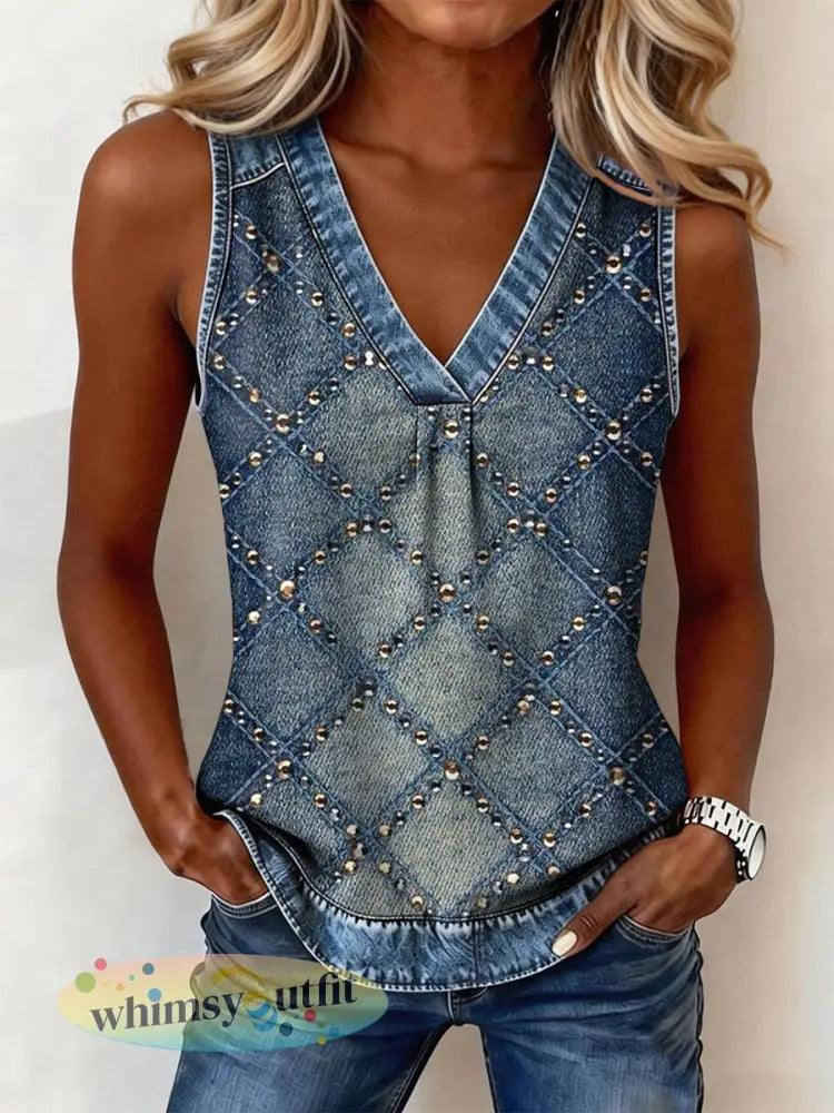 Lente en zomer casual V-hals mouwloze tops voor dames - Blauw / S