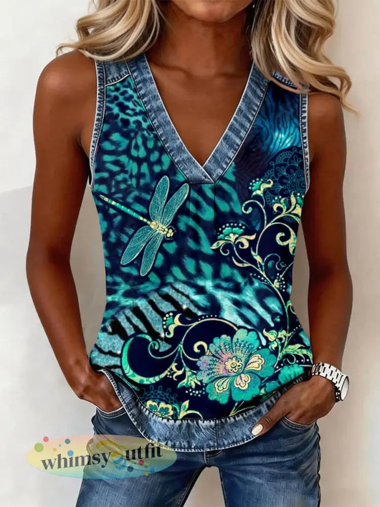 Leopard en bloemenprint denim patchwork top voor dames - Blauw / S
