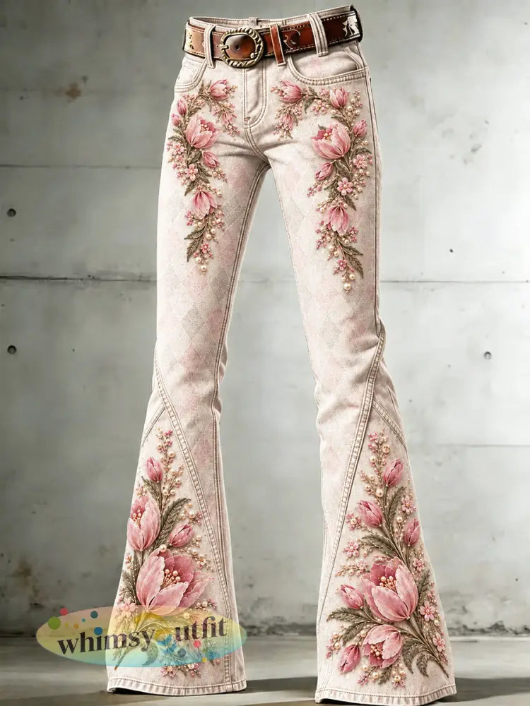 Lichtbeige casual uitlopende damesbroek met tulpprint - Romig-Wit / S