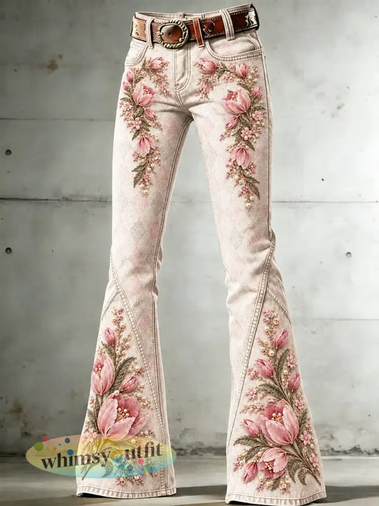 Lichtbeige casual uitlopende damesbroek met tulpprint - Romig-Wit / S