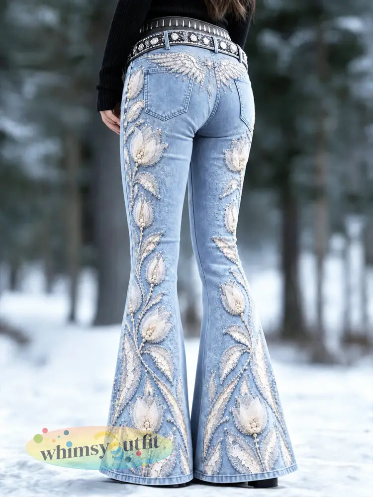 Lichtblauwe casual uitlopende damesbroek met tulpbloemenprint - hemelsblauw / S