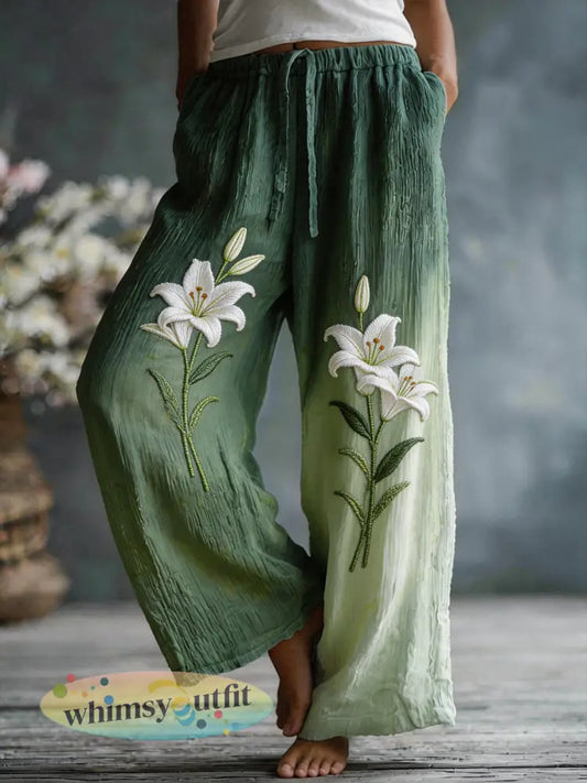 Linnen blend broek met bloeiende lelie-patroon voor dames - Groen / S