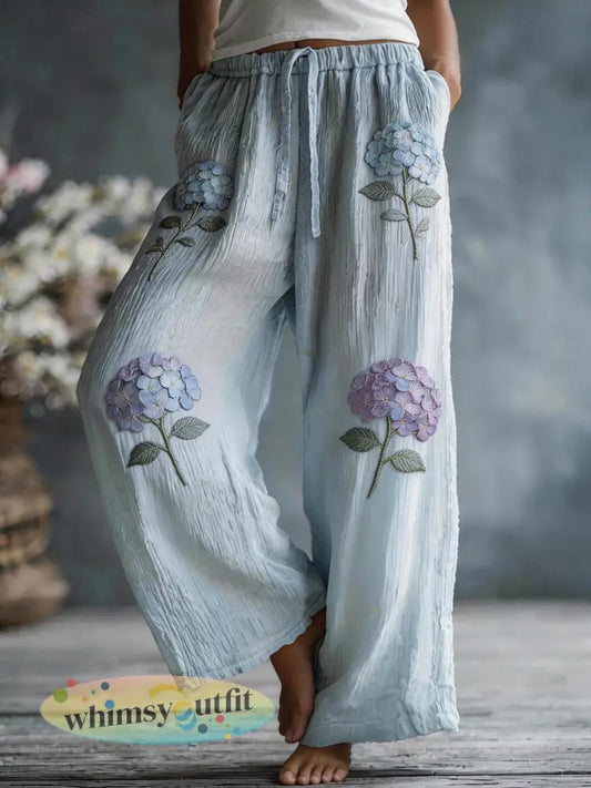 Linnen blend broek met hortensia-patroon voor dames - Blauw / S