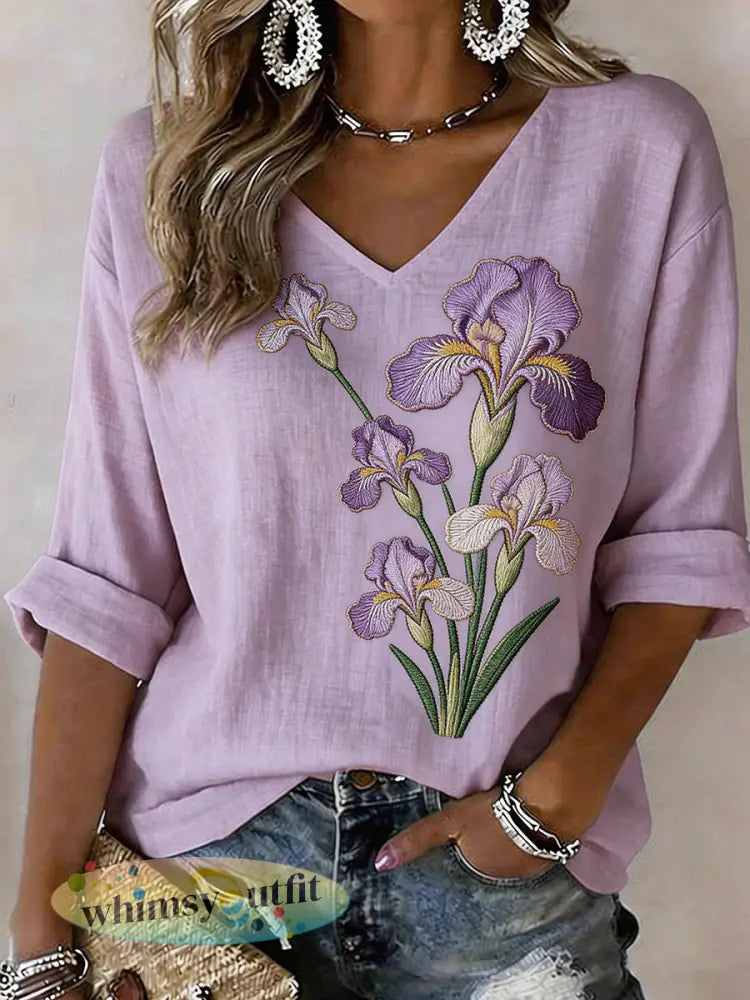 Linnen blend shirt met irisbloem borduurwerk voor dames - Purper / S