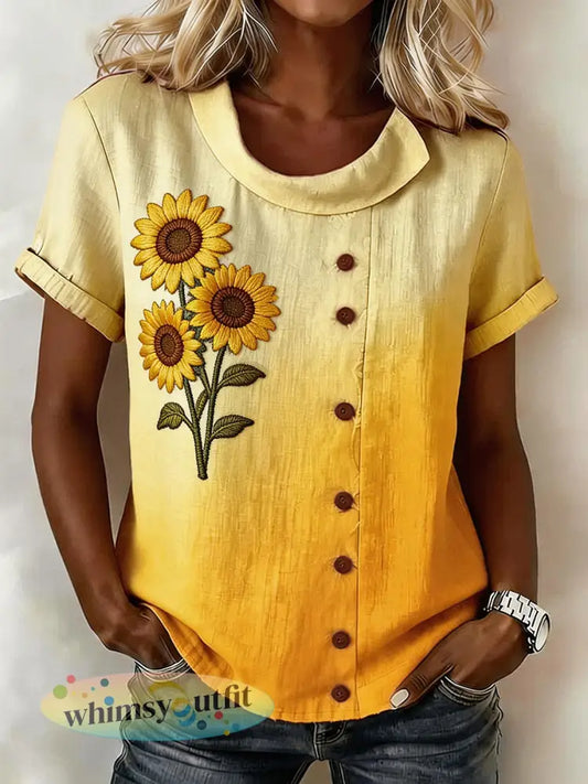 Linnen blend shirt met zonnebloempatroon voor dames - Geel / S