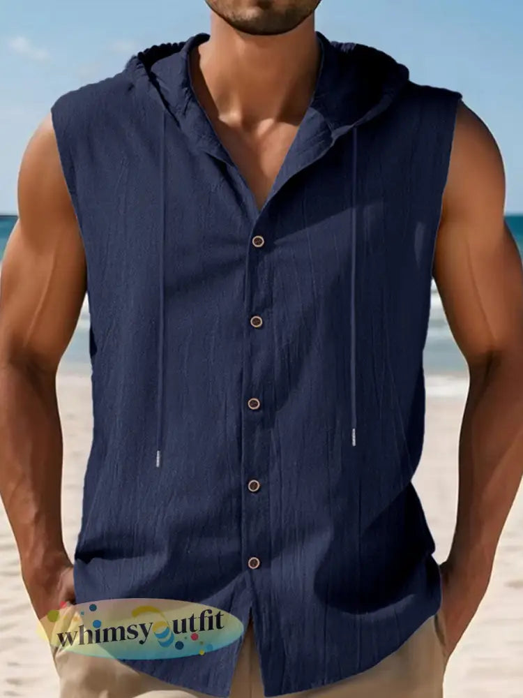 Linnen casual mouwloos hemd met capuchon voor heren - Marineblauw / S