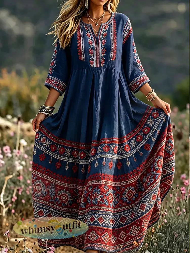 Linnen jurk met kunstprint voor dames in Scandinavische stijl - Marineblauw / S