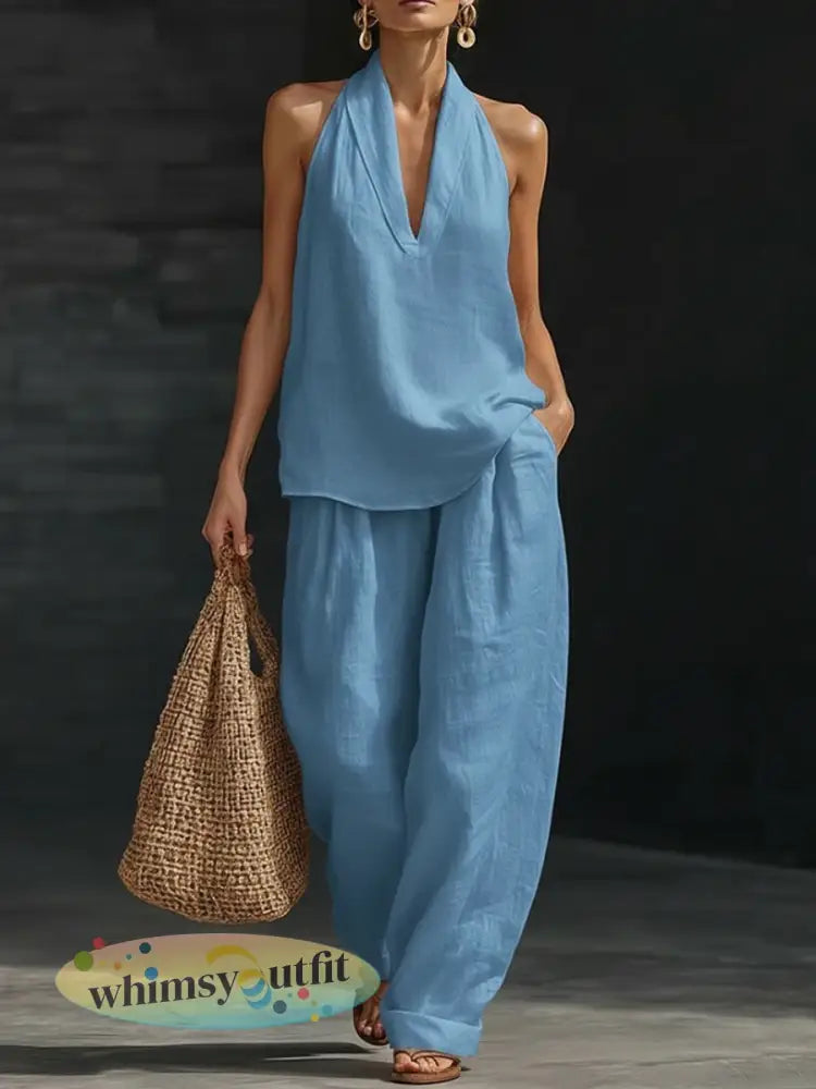 Linnen tweedelige vestset voor dames - blauw / S