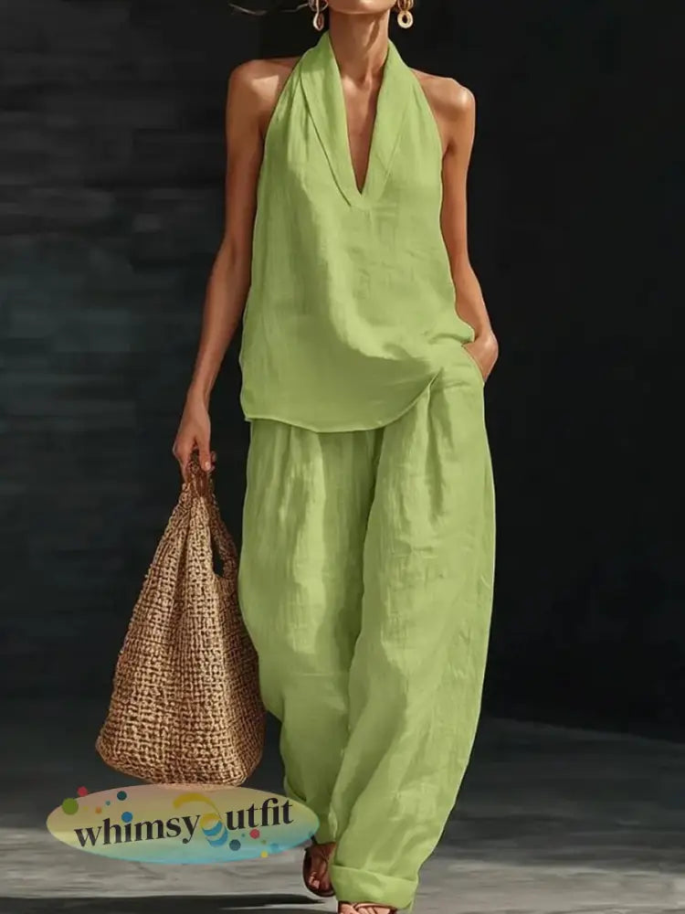 Linnen tweedelige vestset voor dames - groen / S