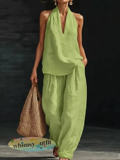 Linnen tweedelige vestset voor dames - groen / S