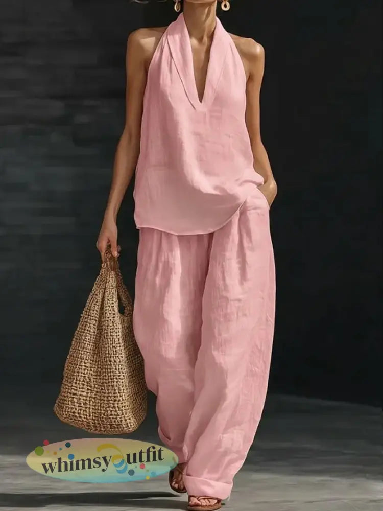 Linnen tweedelige vestset voor dames - roze / S