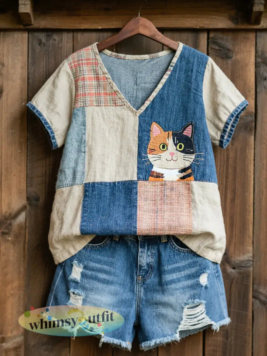 Lovely Cat Pattern Patchwork Art V-hals top voor dames - als foto / S
