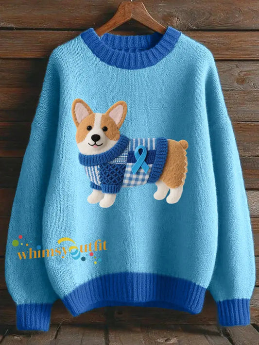 Lovely Corgi Felt Pattern Cozy Knit Sweater Blue / S