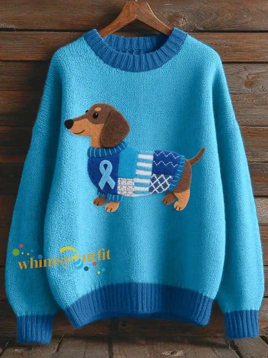 Lovely Dachshund Felt Pattern Cozy Knit Sweater Blue / S
