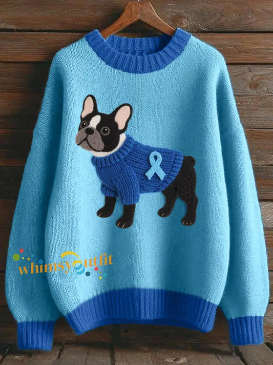 Lovely French Bulldog Felt Pattern Cozy Knit Sweater Blue / S