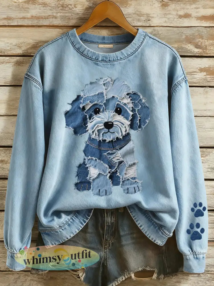 Lovely Hond Patchwork Art Sweatshirt voor dames - Blauw / S
