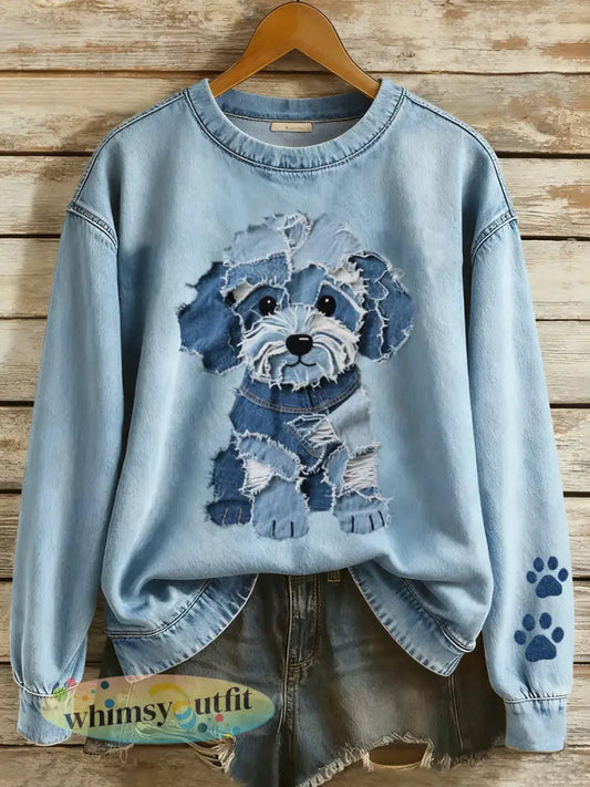 Lovely Hond Patchwork Art Sweatshirt voor dames - Blauw / S