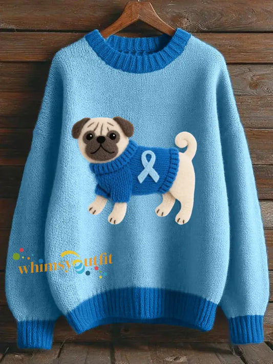 Lovely Pug Felt Pattern Cozy Knit Sweater Blue / S