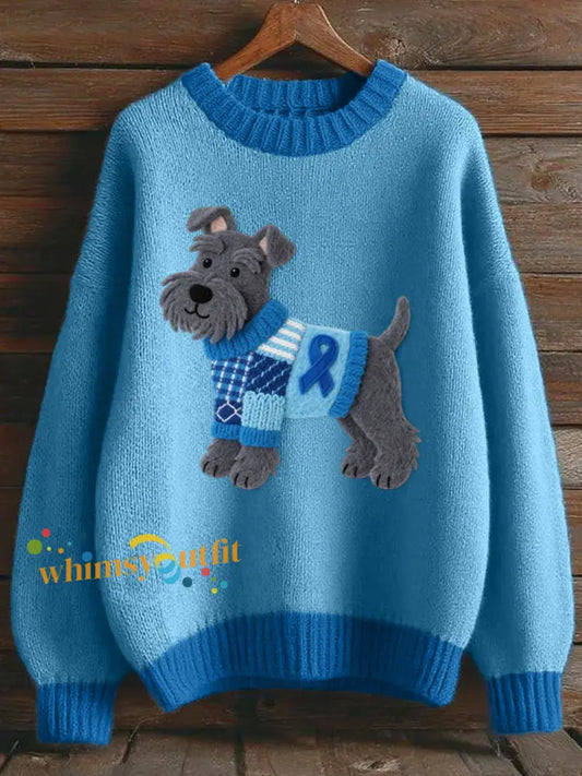 Lovely Schnauzer Dog Felt Pattern Cozy Knit Sweater Blue / S