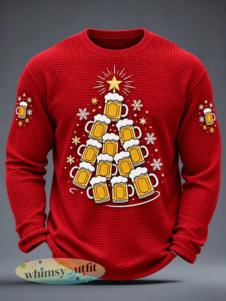 Mannen grappig bier kerstboom print casual wafel lange mouw T-shirt - Rood / S