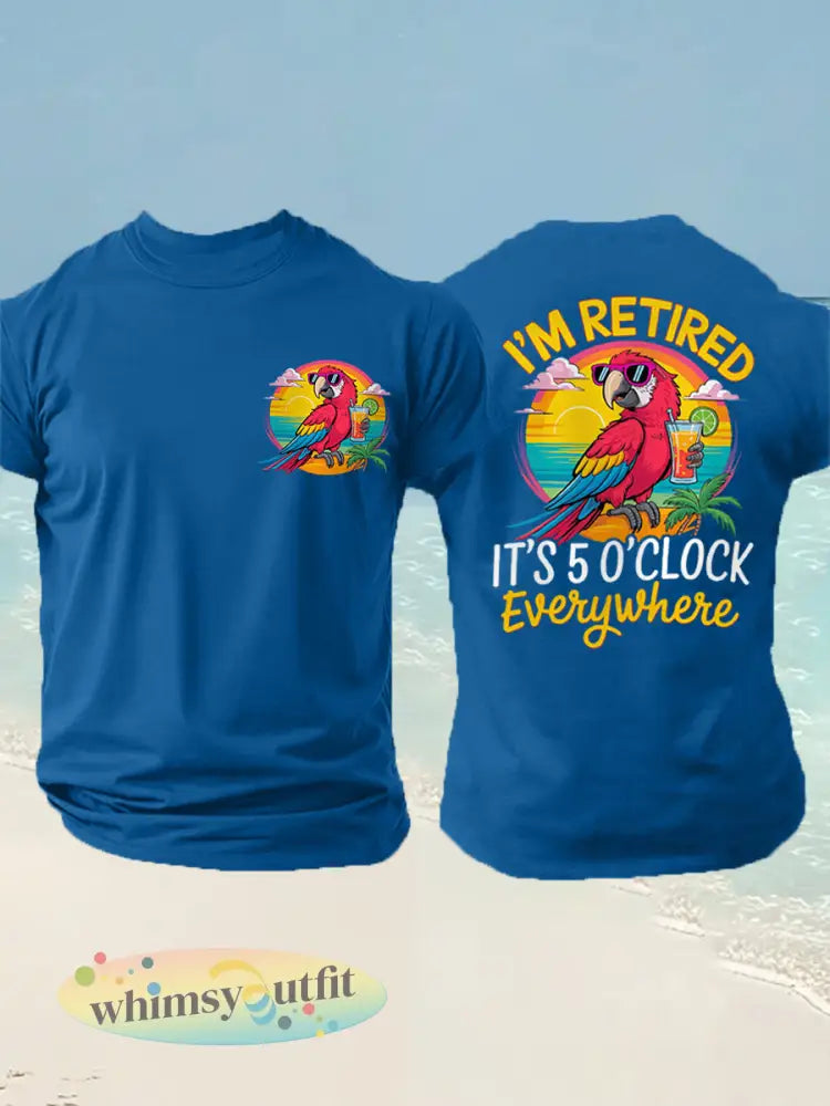 Mannen Ik ben met pensioen Het is 5 uur van overal papegaaiendruk casual tee - Blauw / S