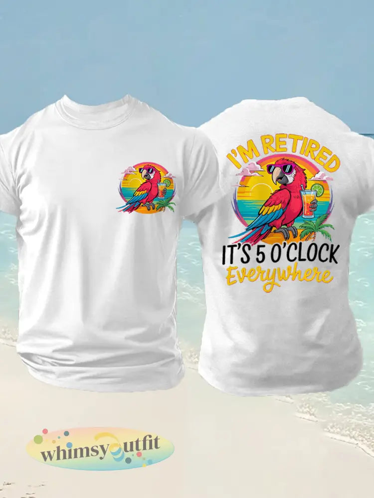 Mannen Ik ben met pensioen Het is 5 uur van overal papegaaiendruk casual tee - Wit / S