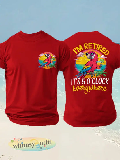 Mannen Ik ben met pensioen Het is 5 uur van overal papegaaiendruk casual tee - Zuiver Rood / S