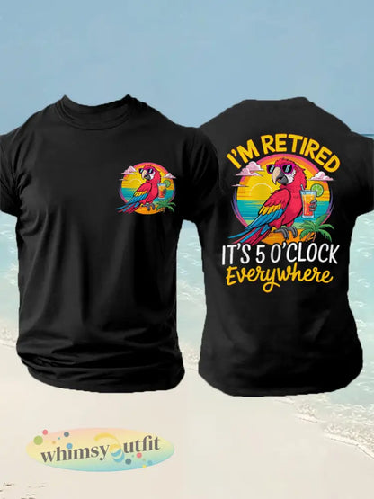 Mannen Ik ben met pensioen Het is 5 uur van overal papegaaiendruk casual tee - Zwart / S