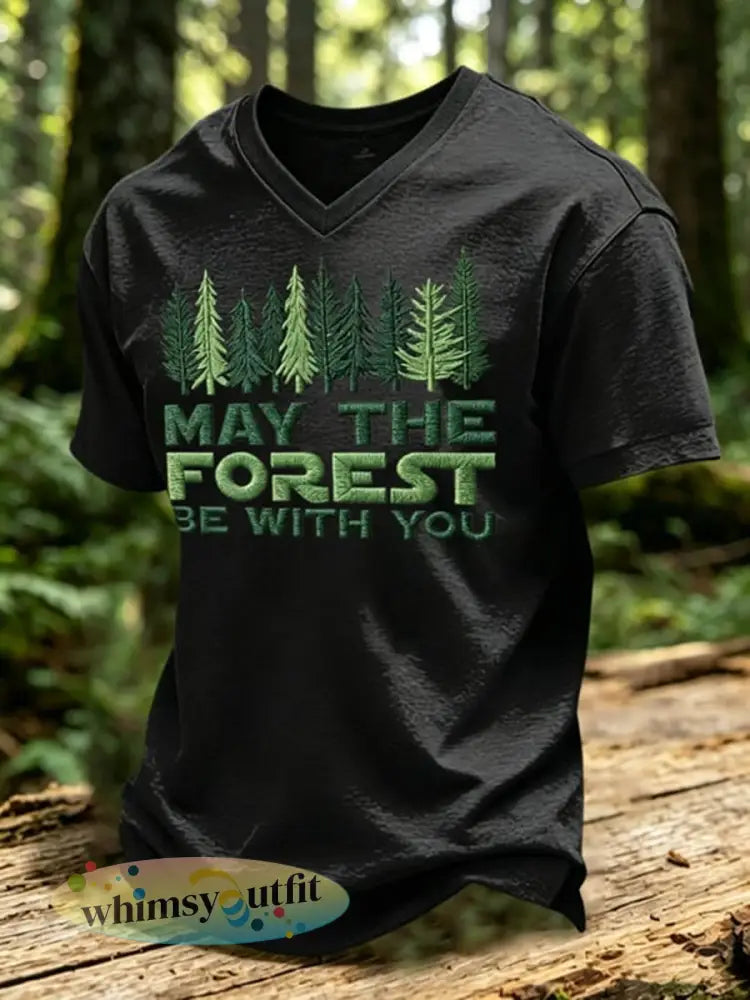 Mannen May The Forest Be With You Gedrukte T-shirt met V-hals - Zwart / S