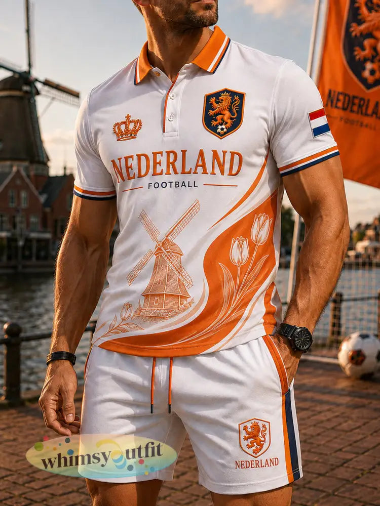 Mannen voetbal leeuwenprint sportief poloshirt met korte mouwen set - A / S