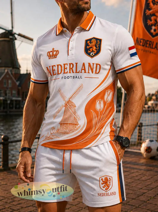 Mannen voetbal leeuwenprint sportief poloshirt met korte mouwen set - A / S