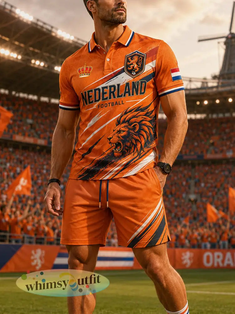Mannen voetbal leeuwenprint sportief poloshirt met korte mouwen set - A / S
